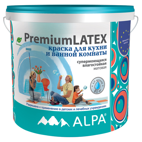 

Краска влагостойкая Alpa Premium Latex для кухни и ванной база А 10 л