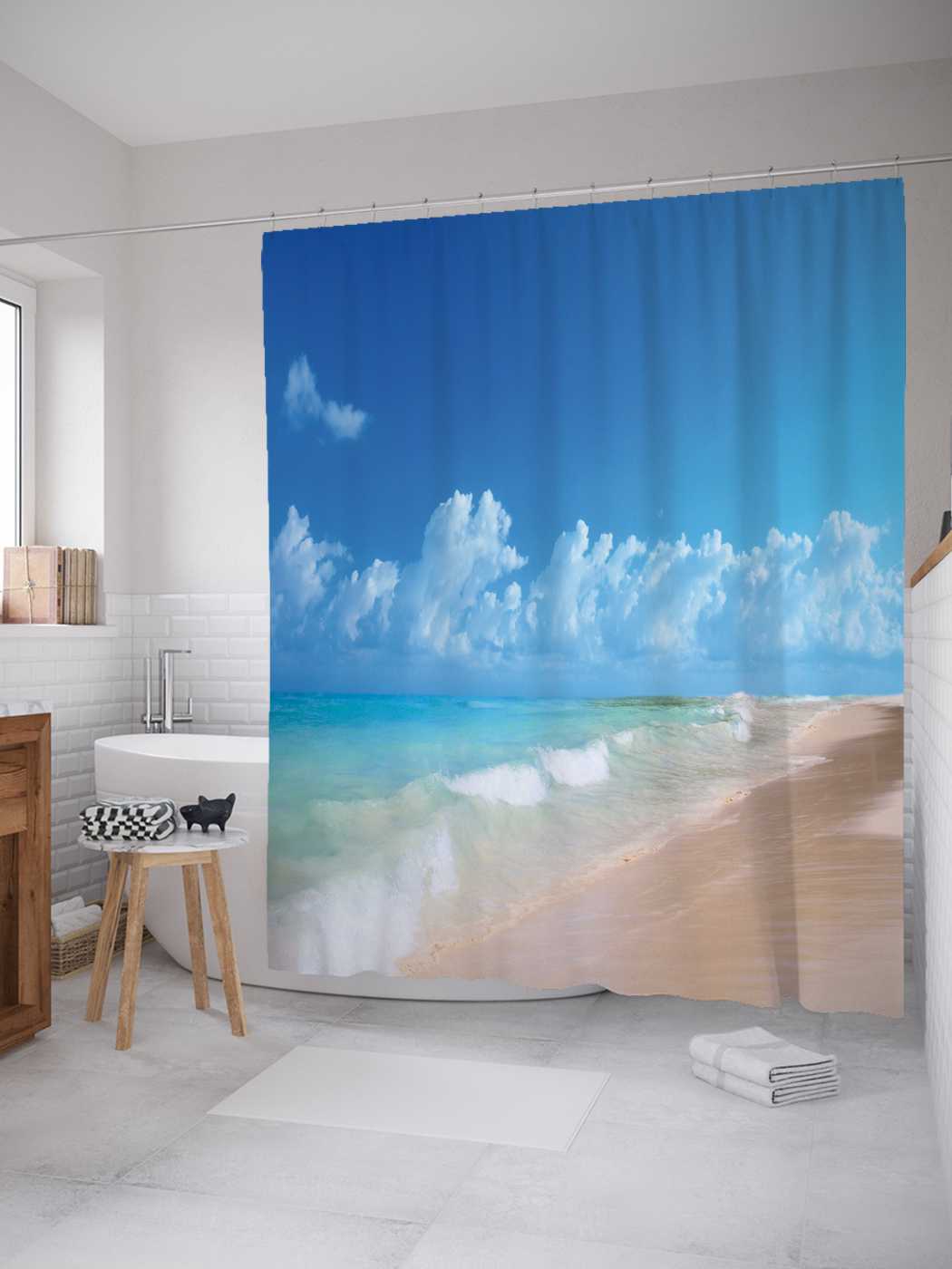 

Штора для ванной JoyArty "Облачный горизонт" из сатена, 180х200 см с крючками, Синий