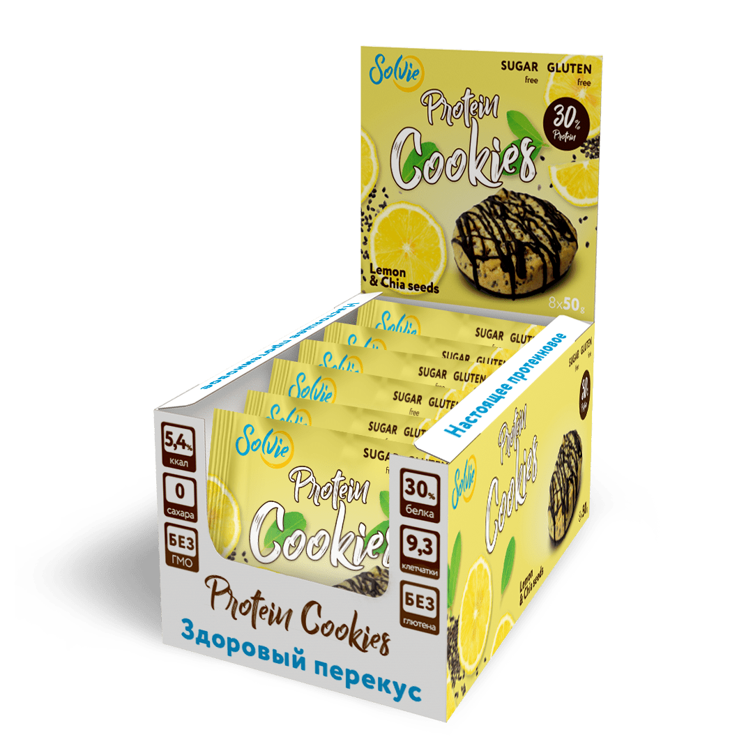 Протеиновое печенье SOLVIE Protein Cookies Лимонное с цукатами и чиа, 8 шт по 50 г