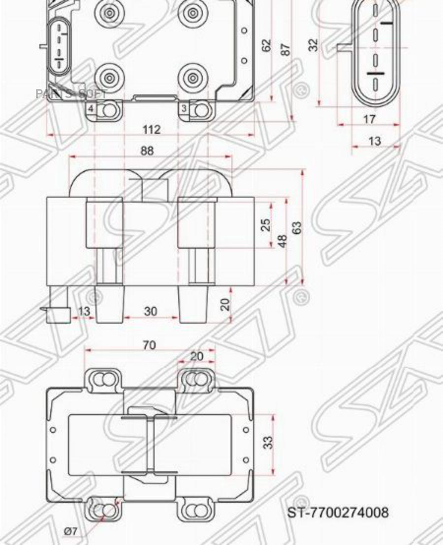 SAT ST7700274008 Катушка зажигания RENAULT LOGAN 04-/KANGOO 01-09/SANDERO 07-/ K7J/M (моду