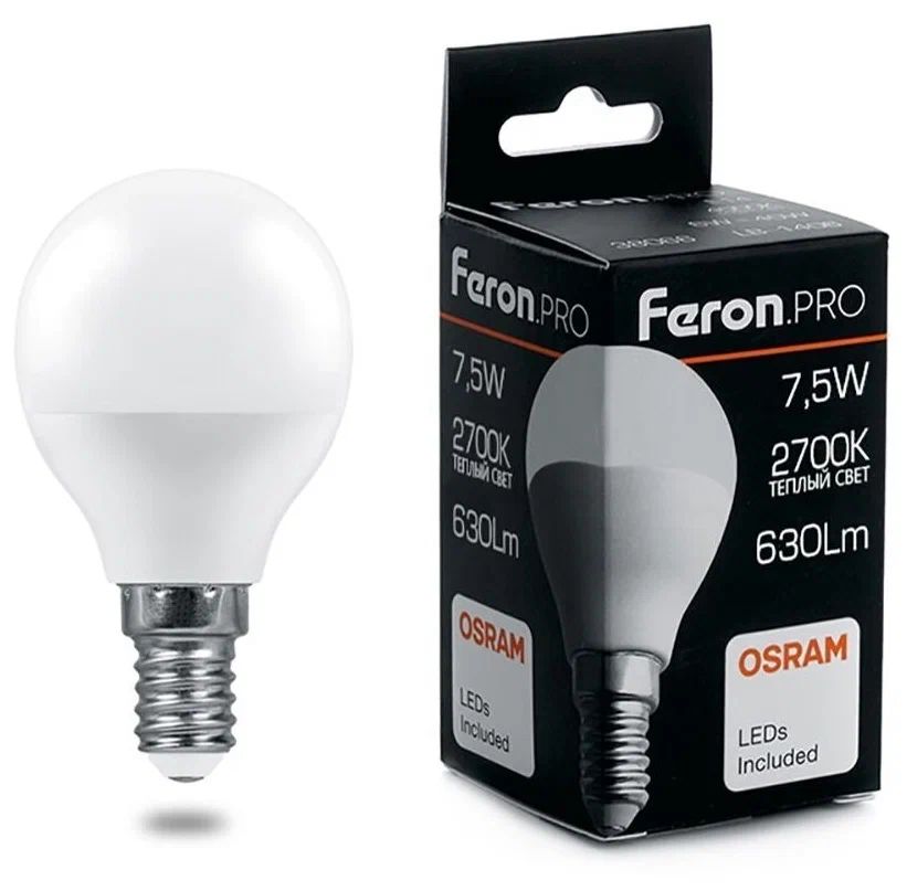 

Светодиодная лампа FERON PRO LB-1407 Шарик E14 7.5W 2700K OSRAM LED 38071