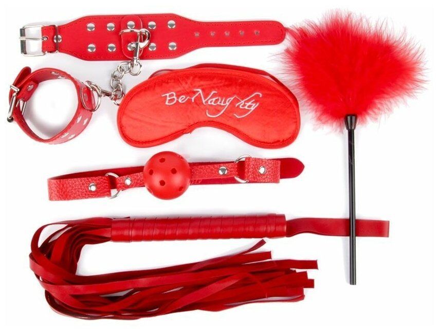 БДСМ комплект: наручники, маска, кляп, плеть, щекоталка с пухом