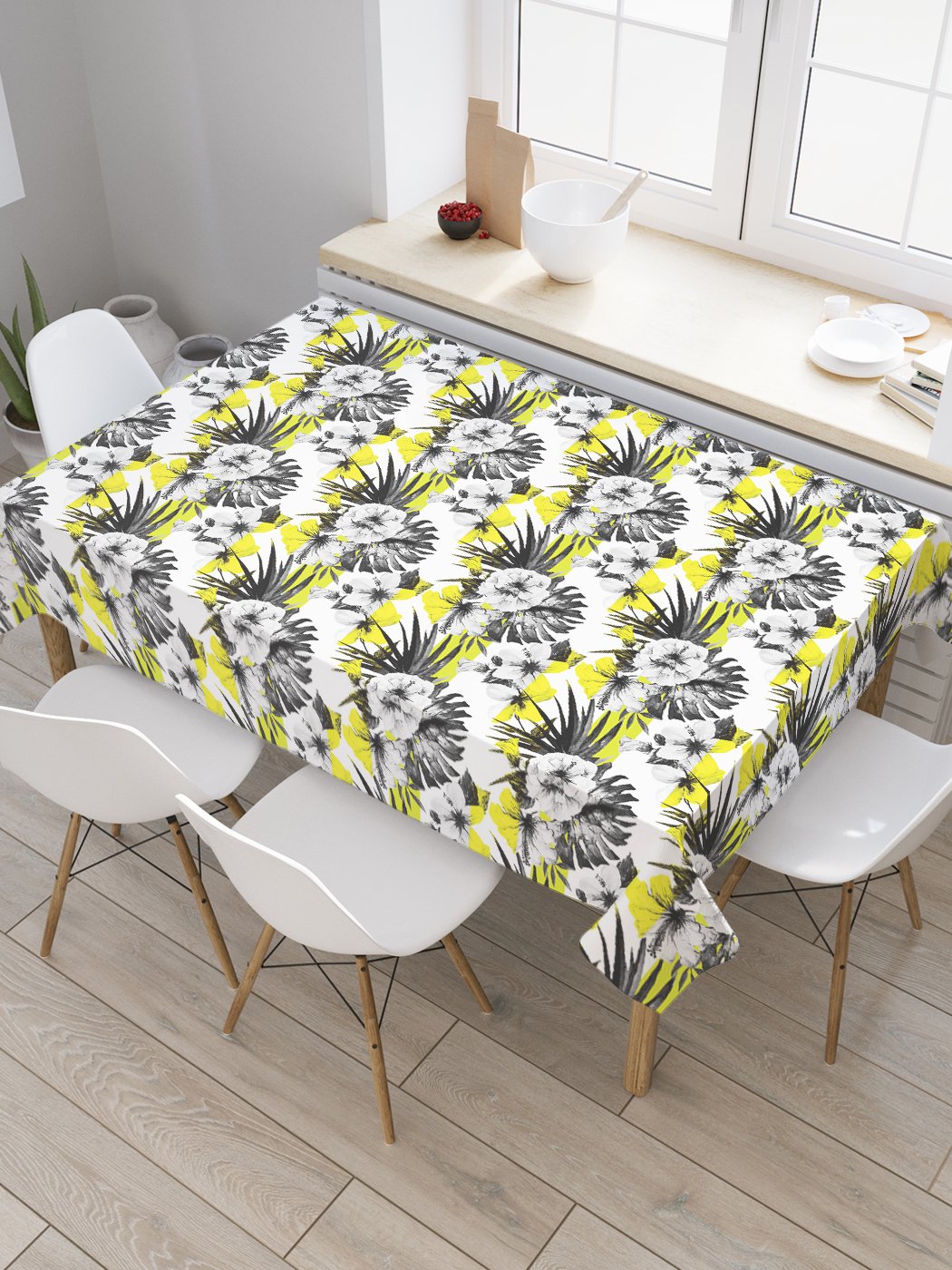 

Скатерть прямоугольная JoyArty "Тропические цветы арт" из сатена, 120x145 см, Белый, Тропические цветы арт