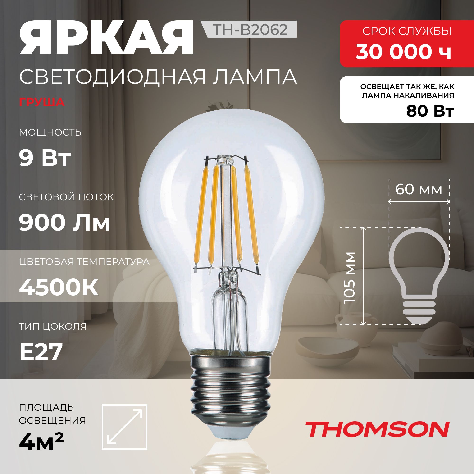 

Лампочка светодиодная Thomson, TH-B2062, 9W, E27, Thomson T-HB-E27-FLM-P