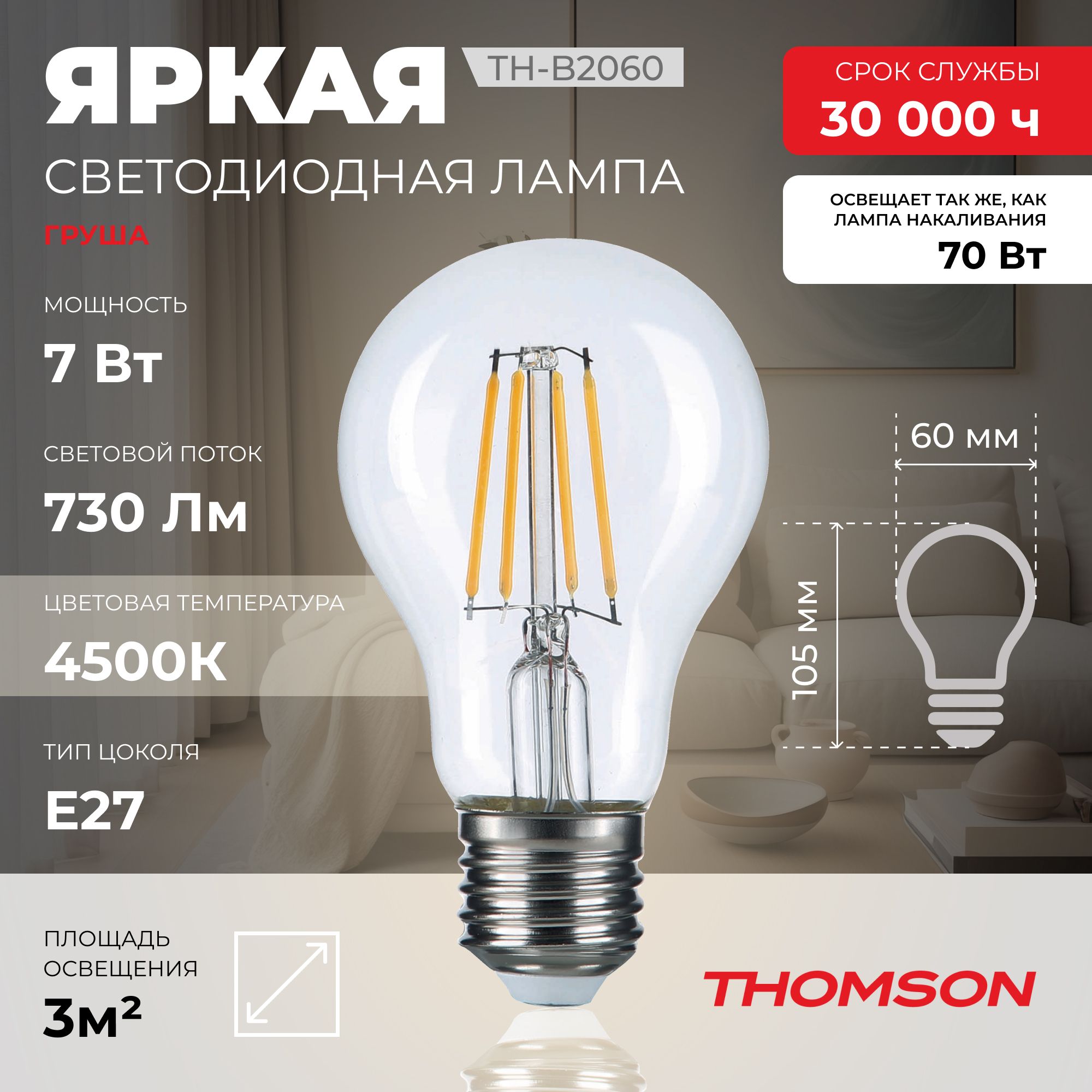 

Лампочка светодиодная Thomson, TH-B2060, 7W, E27, Thomson T-HB-E27-FLM-P