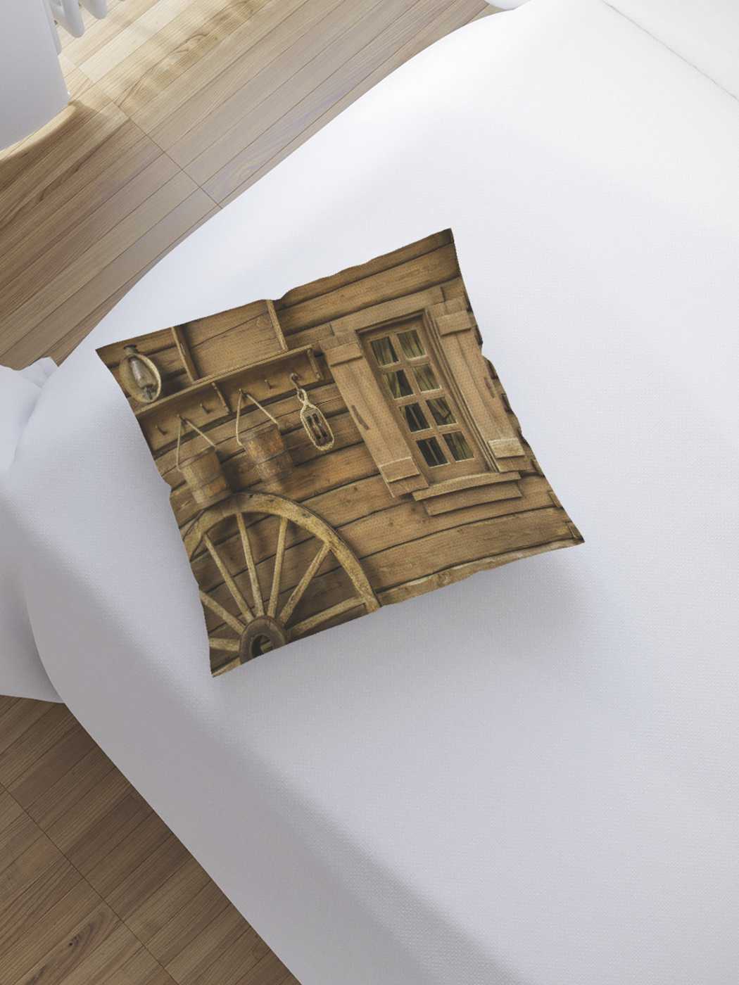 фото Наволочка декоративная joyarty "колесо у деревянного дома" на молнии, 45x45 см