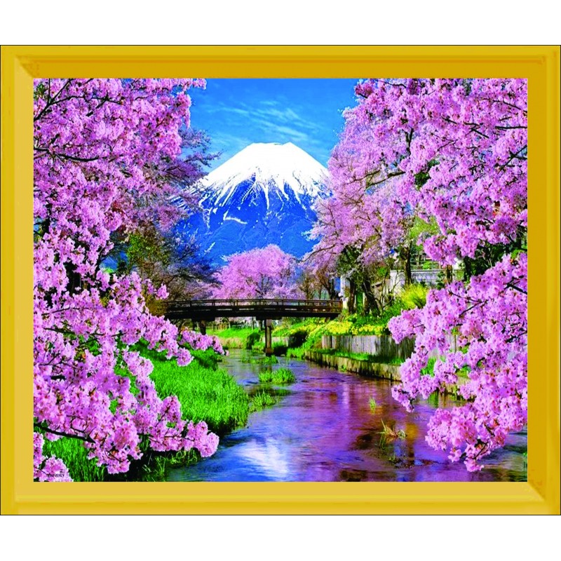 Алмазная мозаика DVEKARTINKI Снежная вершина горы Фуджи и цветущие сакуры 21x25