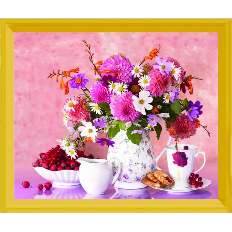 Алмазная мозаика DVEKARTINKI Кувшин с букетом цветов, печенье и смородина 21x25
