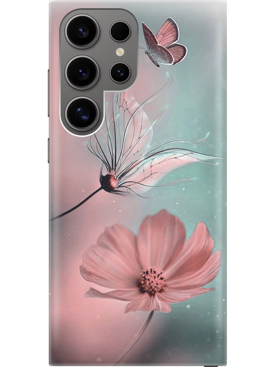 

Силиконовый чехол на Samsung Galaxy S24 Ultra с рисунком "Бабочка и цветы", Голубой;розовый;серый, 20011898