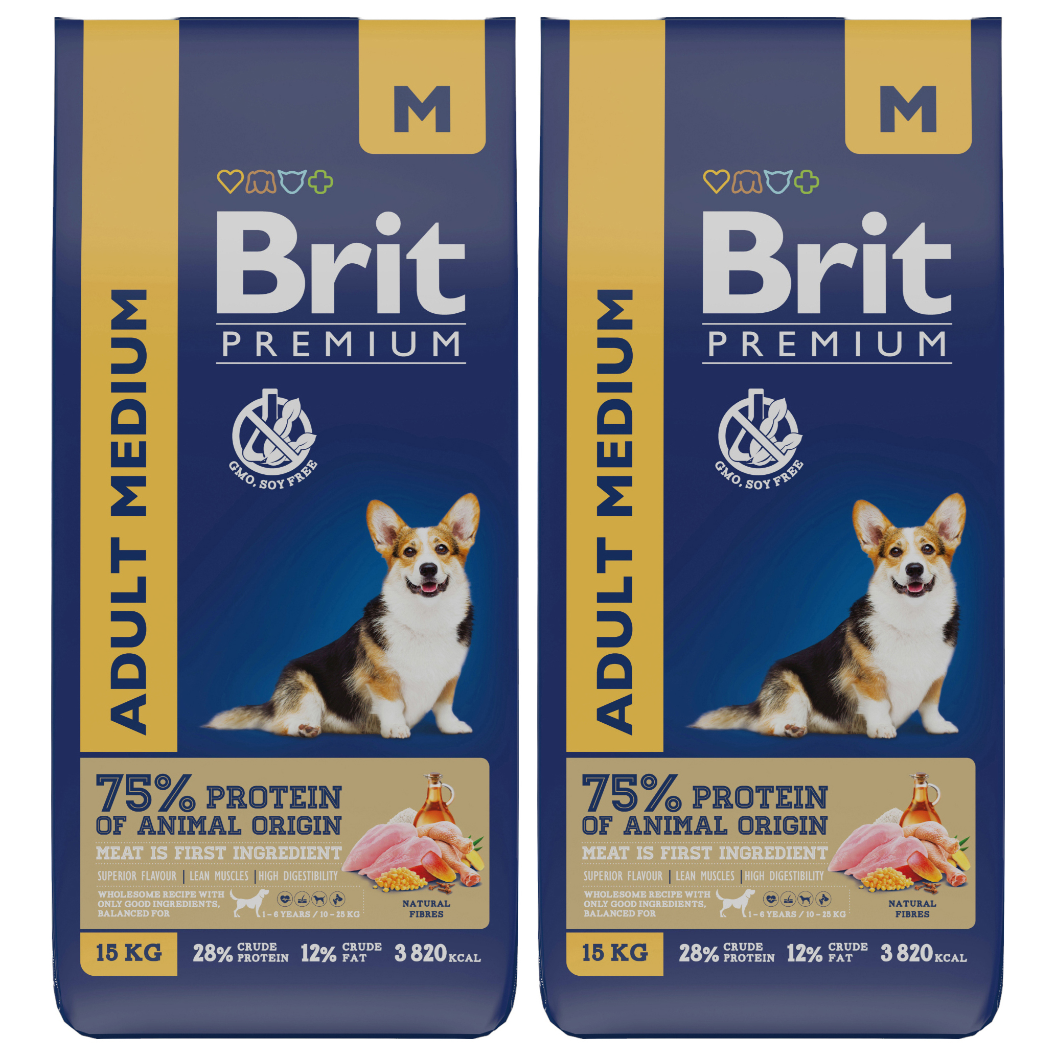 Сухой корм для собак BRIT PREMIUM DOG ADULT MEDIUM с курицей 2шт по 15кг