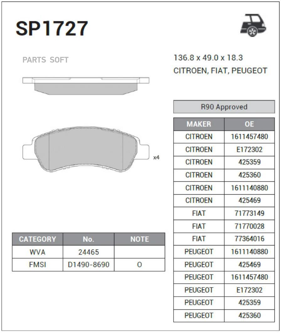 

Тормозные колодки Sangsin brake задние дисковые SP1727