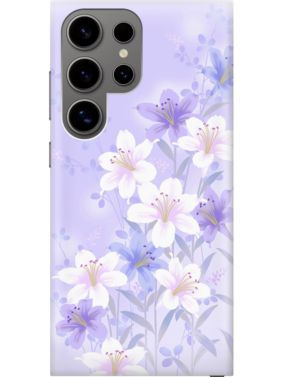 

Силиконовый чехол на Samsung Galaxy S24 Ultra с рисунком "Лилии на фиолетовом", Белый;фиолетовый, 20011898