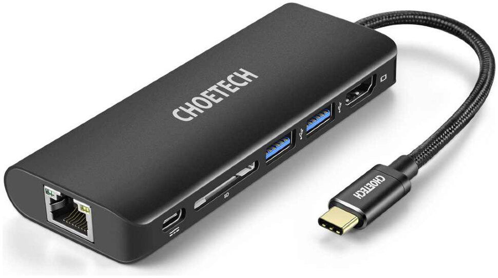 фото Переходник choetech 6-in-1 multiport usb-c hub ethrnet+pd+sd+usb3.0 (2pcs)+hdmi, черный