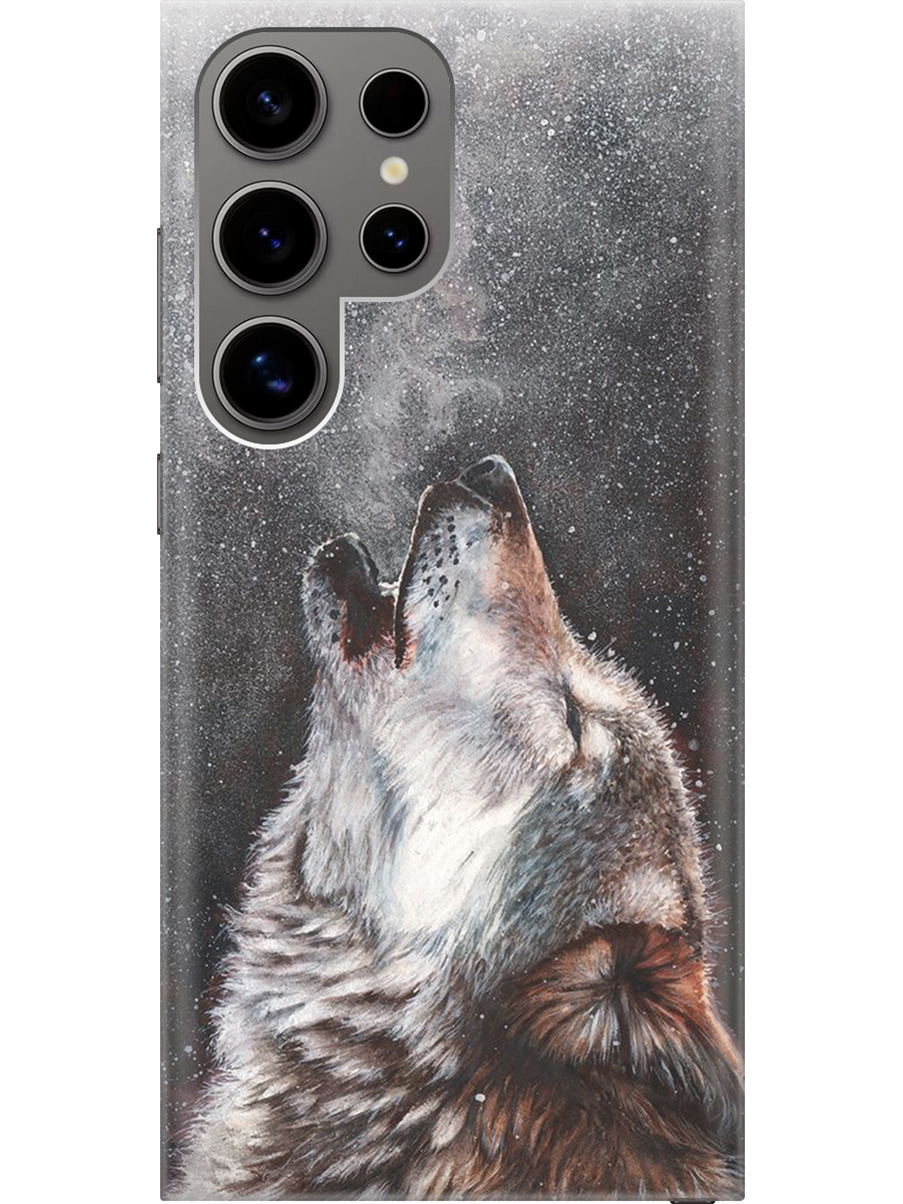 

Силиконовый чехол на Samsung Galaxy S24 Ultra с рисунком "Морозный волк", Белый;серый;черный, 20011898