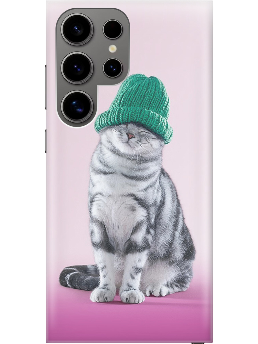 

Силиконовый чехол на Samsung Galaxy S24 Ultra с рисунком "Кот в зеленой шапке", Розовый;серый, 20011898