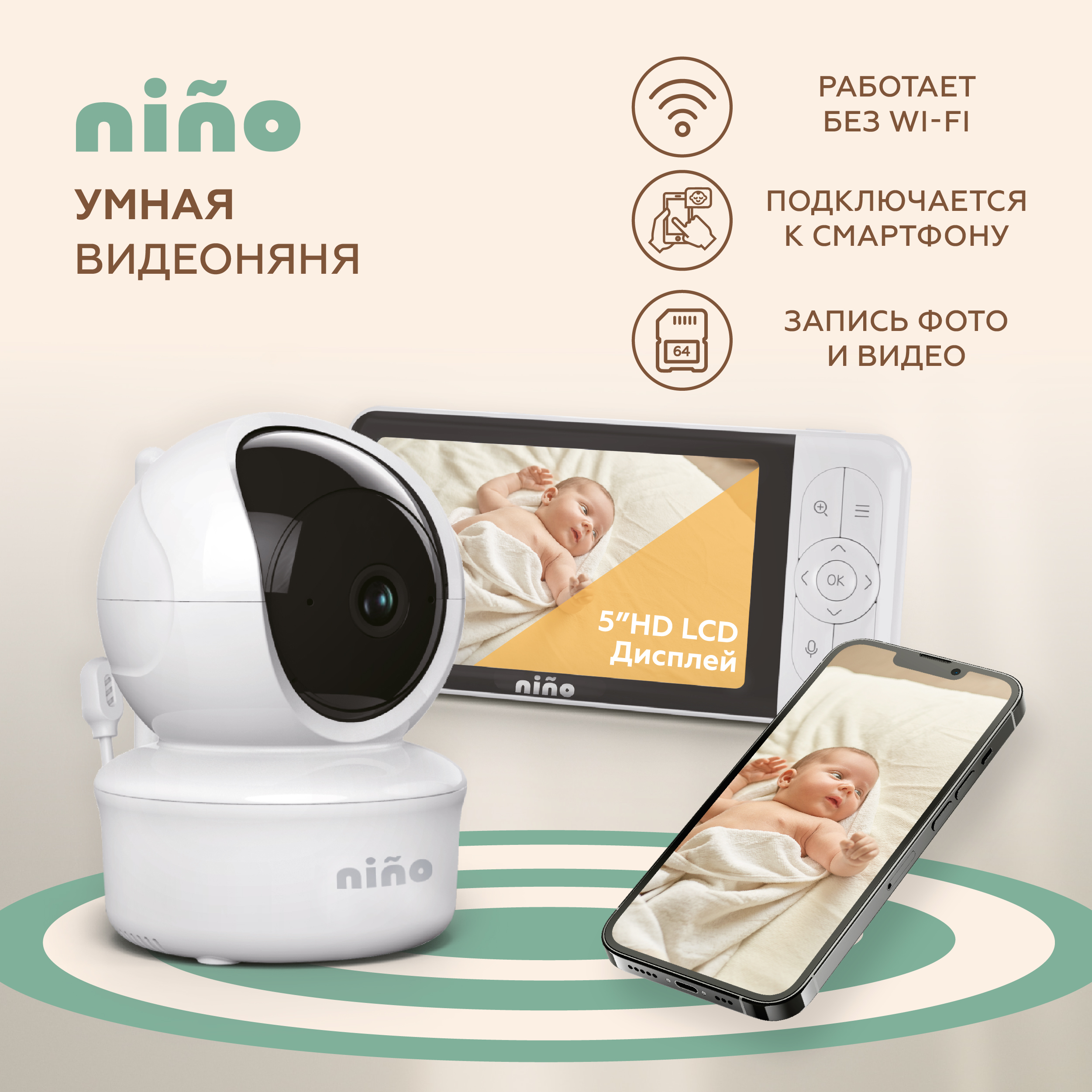 Видеоняня беспроводная Nino Baby6T с подключением к монитору и телефону 10799₽