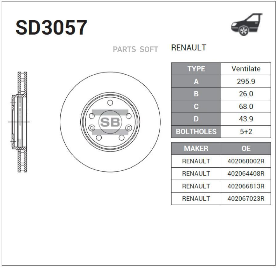 

SANGSIN BRAKE SD3057 Диск торм.пер.RENAULT MEGANE 07= 1шт