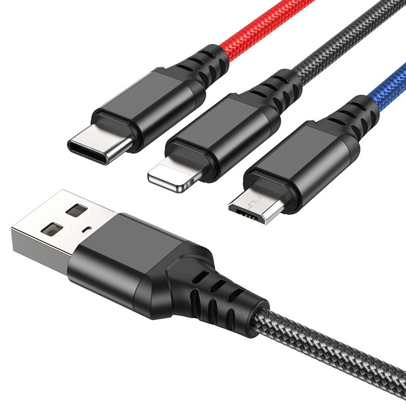 

Кабель Hoco X76 USB - Type-C / Lightning / Micro USB, 2 А, 1 м, Black+Red+Blue, X76 Super