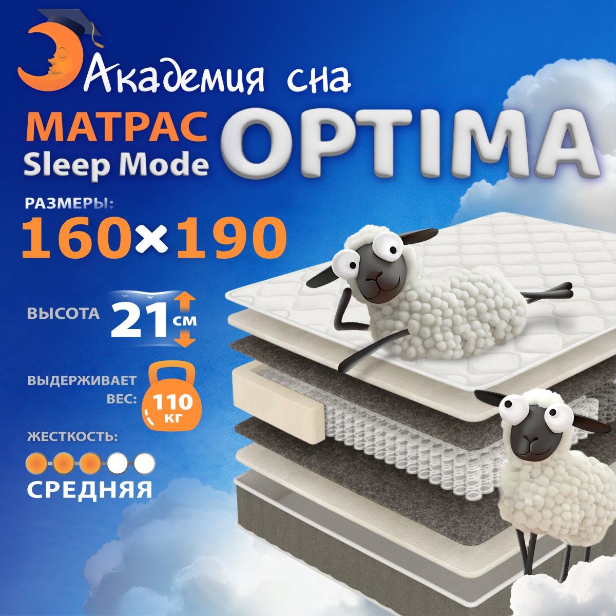 

Матрас анатомический Академия сна Sleep Mode Optima, 160х190 см, Белый, Sleep Mode Optima