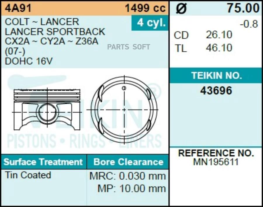 

TEIKIN Поршни (к-т 4 шт) MITSUBISHI LANCER X/COLT 07- 4A91