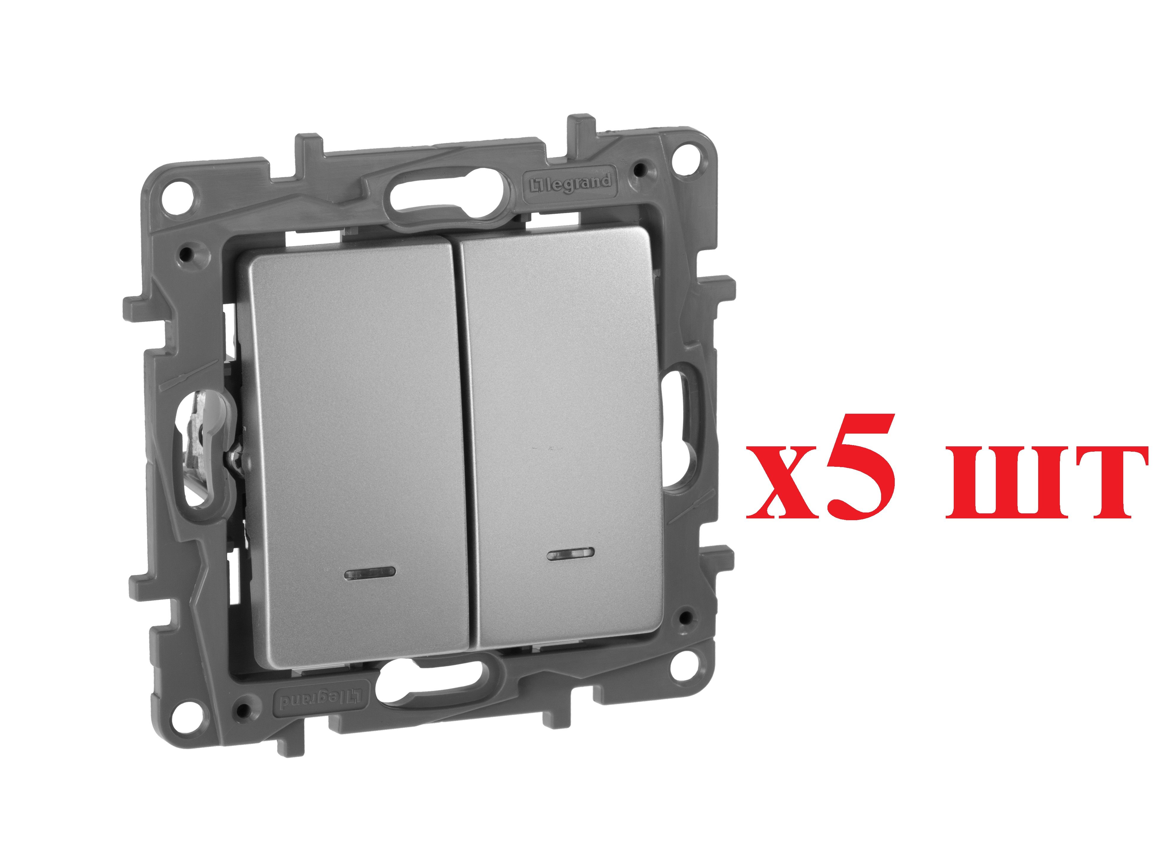 

Legrand Etika Алюм Выключатель 2-кл. с индикациейавт, авт.клеммы, 10 AX, 250 В 672404 5шт, Серый, Etika_672404