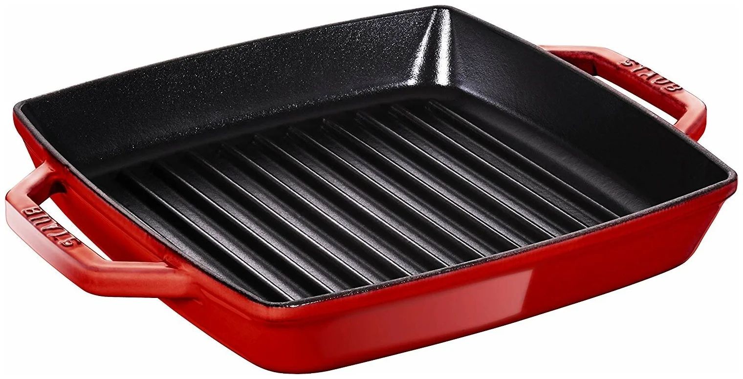 

Сковорода-гриль квадратная с 2-мя ручками STAUB вишневая 23 см., Красный, STAUB GRILL PANS