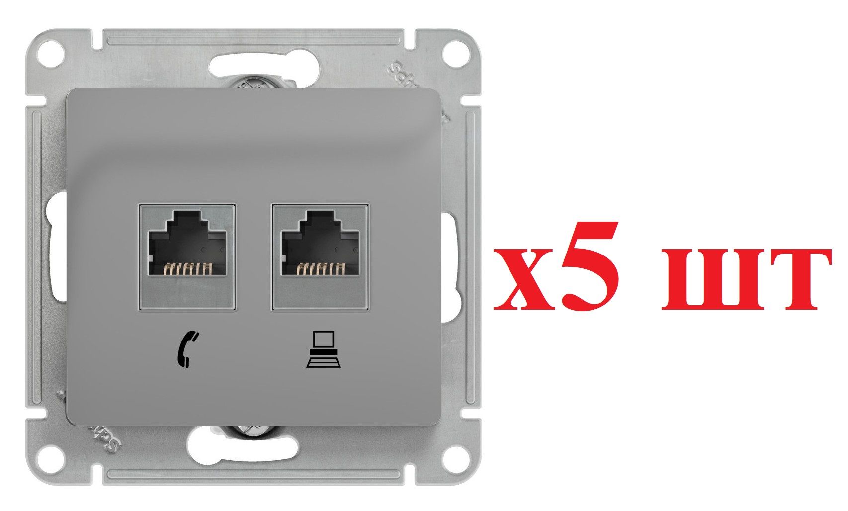 

Розетка комп+телефон 2-м СП Glossa RJ45 + RJ11 кат.5E механизм алюм. SchE GSL000385 5шт, Серый, Glossa22_5