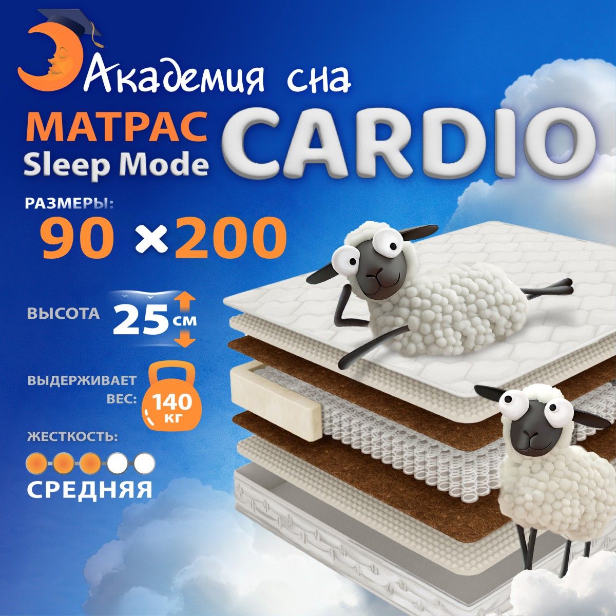 

Матрас анатомический Академия сна Sleep Mode Cardio, 90х200 см, Белый, Sleep Mode Cardio