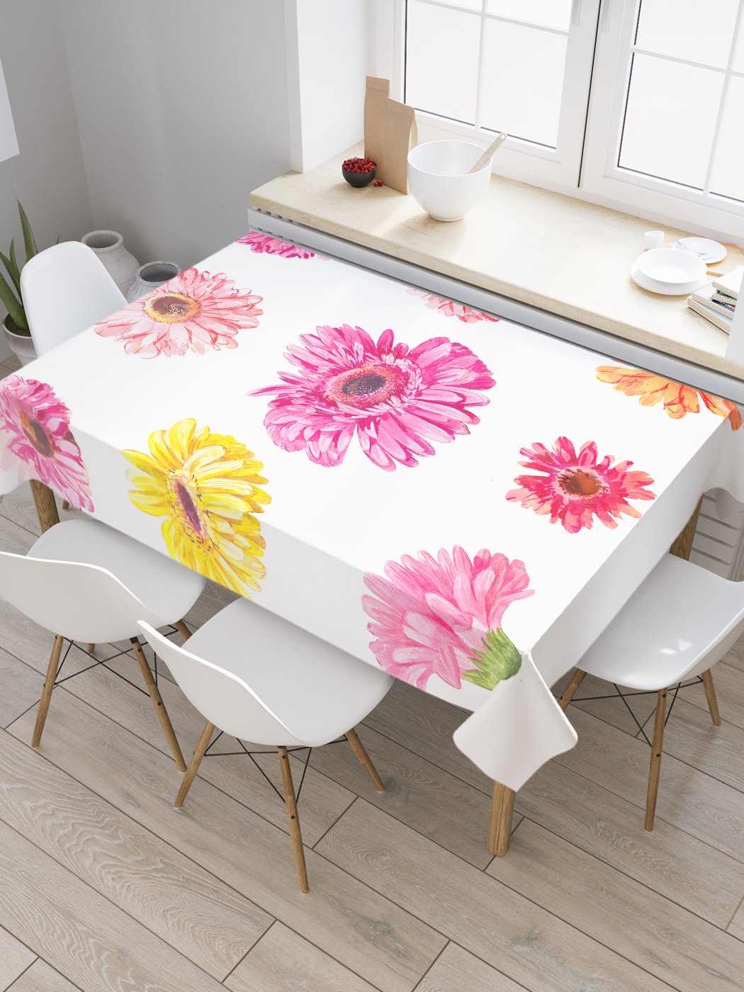 

Скатерть прямоугольная JoyArty "Разные герберы" из сатена, 120x145 см, Белый, Разные герберы