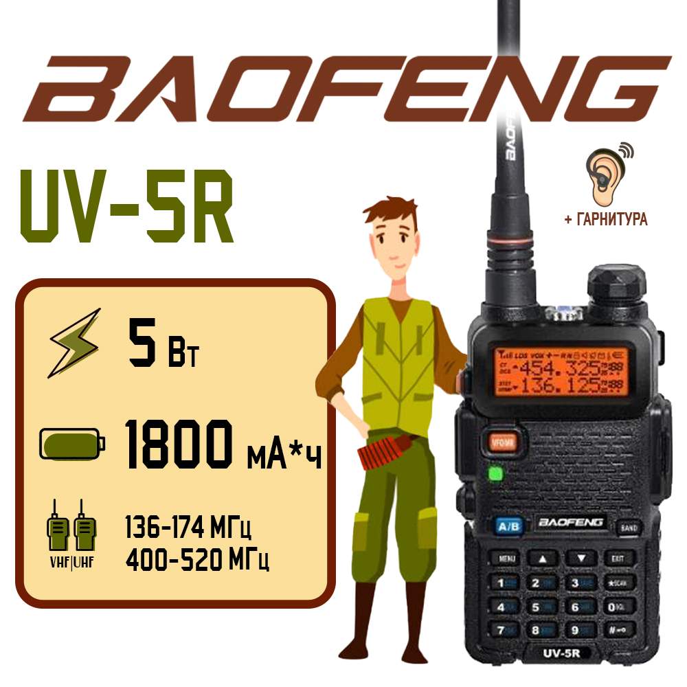 

Портативная рация Baofeng UV-5R черная, Черный, UV-5R (5W)