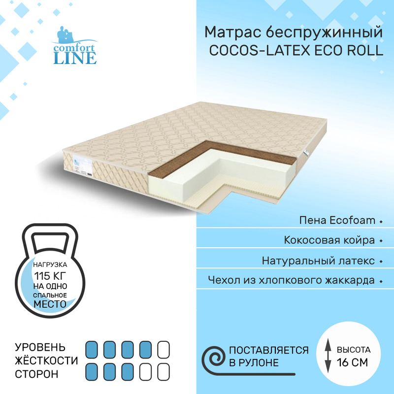 

Матрас беспружинный Comfort Line Cocos-Latex Eco Roll 155х185, высота 16 см, Cocos-Latex Eco Roll
