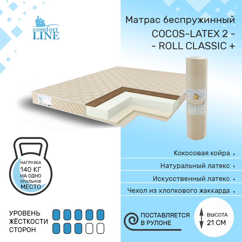 

Матрас беспружинный Comfort Line Cocos-latex 2 Roll Classic+ 200х190, высота 21 см, Cocos-Latex2 Roll Classic+