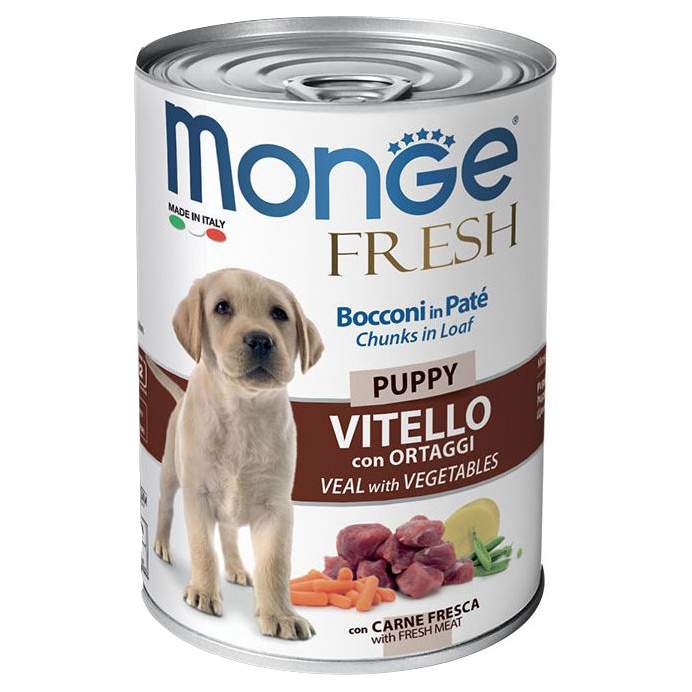 

Консервы для щенков Monge Dog Fresh Chunks In Loaf, телятина овощи 6 шт по 400г, телятина, овощи, 400 г