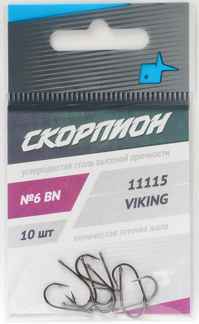 

Одинарные крючки Viking классические №6, оголовок с колечком, прямое острие, с бородкой, Черный, Viking