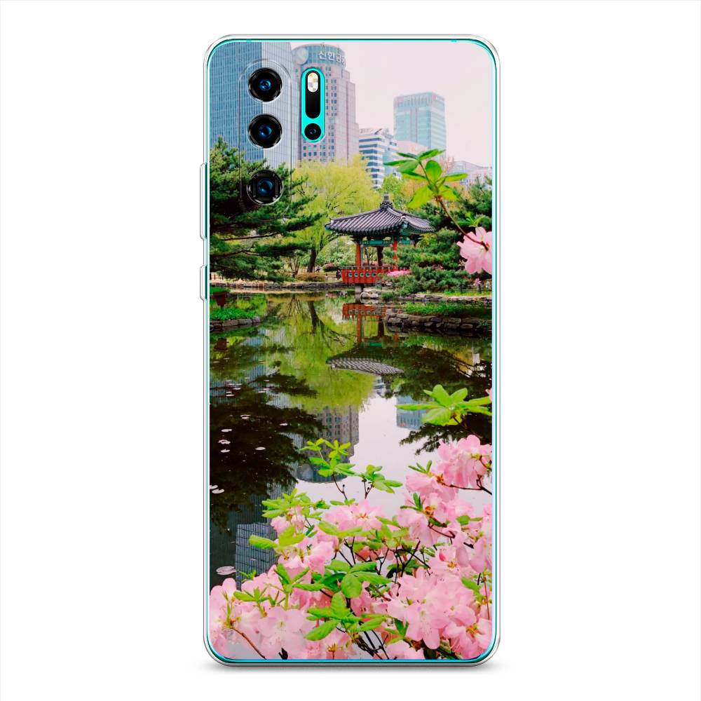 

Чехол на Huawei P30 Pro "Сакура возле озера", Зеленый;розовый;голубой, 67650-2