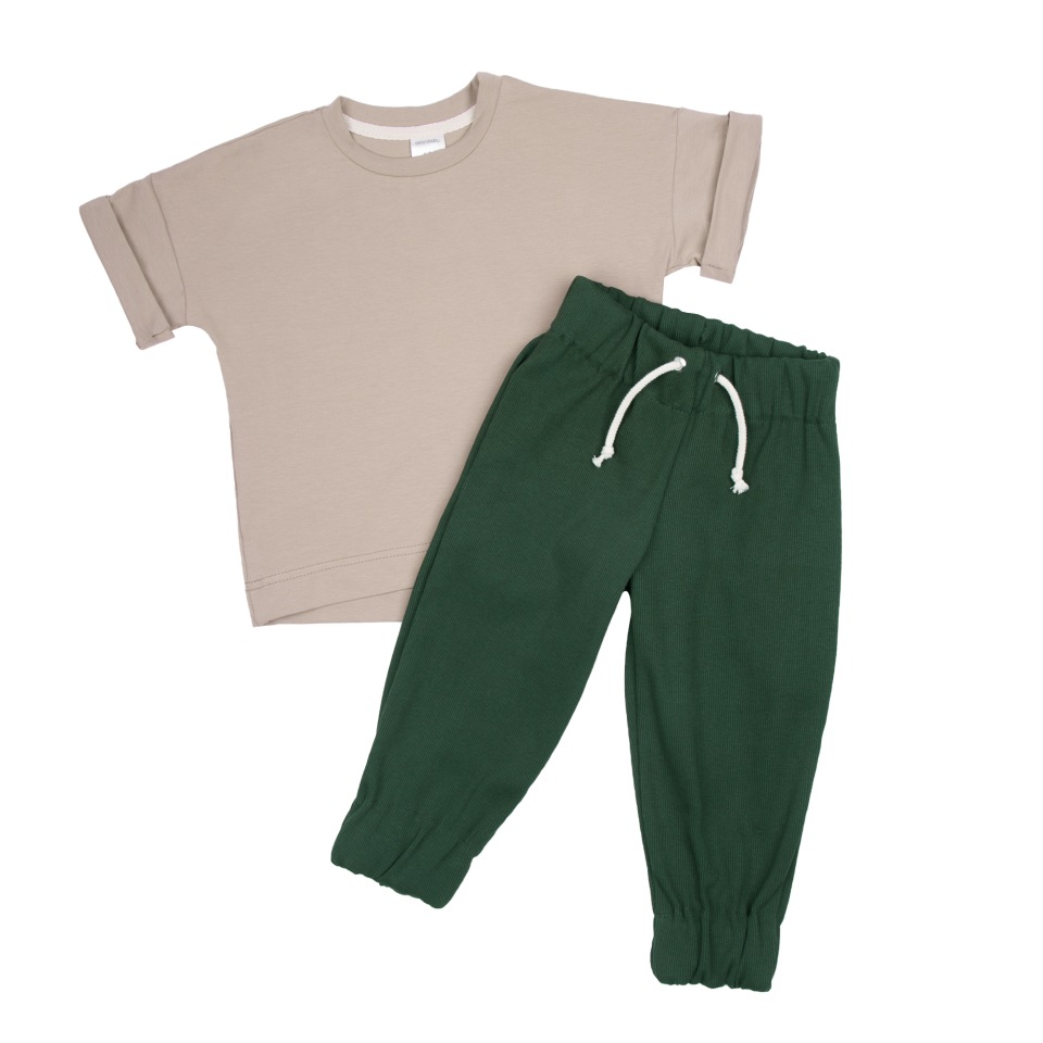 фото Костюм детский amarobaby jump футболка и брюки, бежевый/хаки, р. 122-128