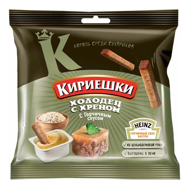 Сухарики Кириешки ржаные со вкусом холодца с хреном с соусом Heinz горчичным