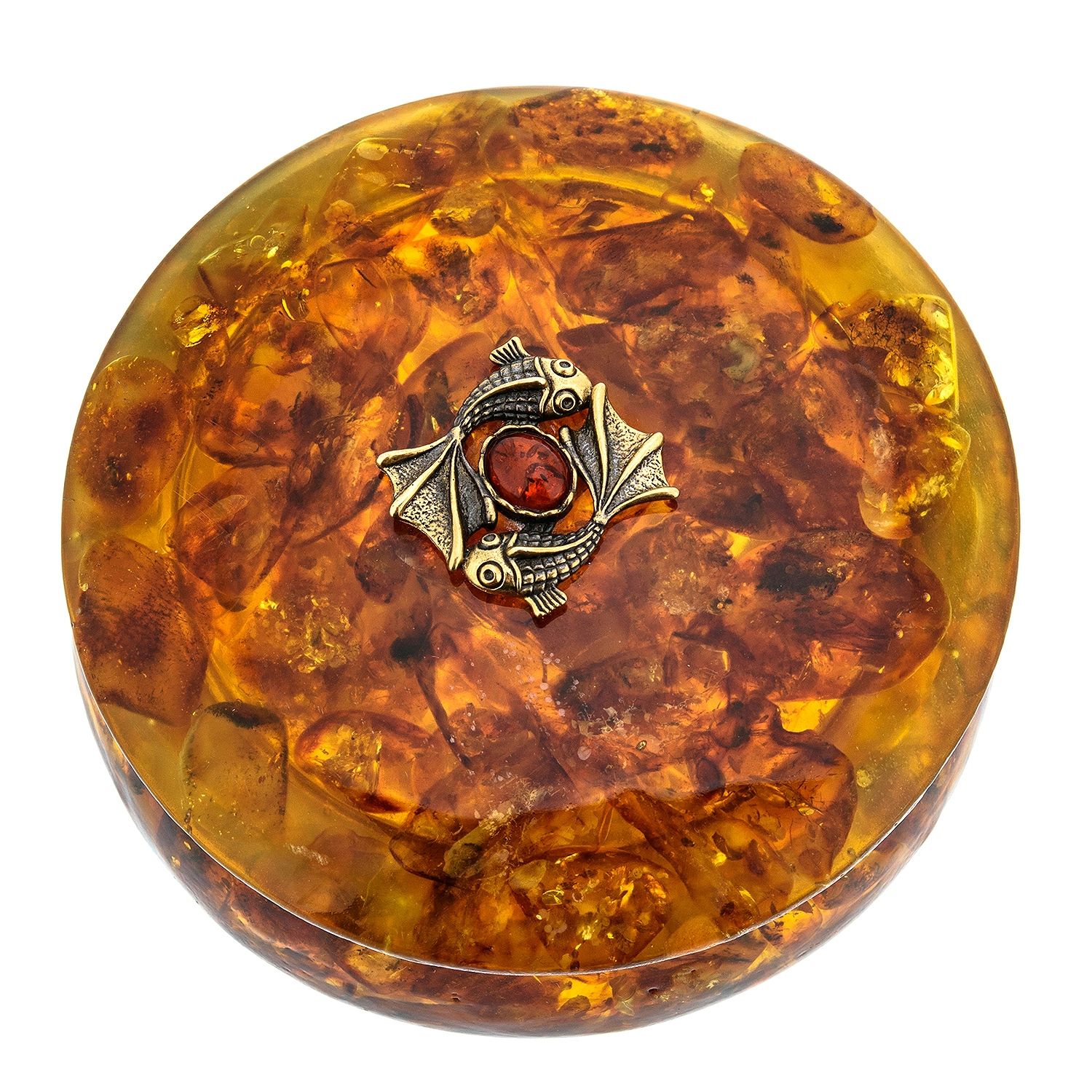 

Круглая шкатулка из янтаря "Знак зодиака Рыбы", Коричневый