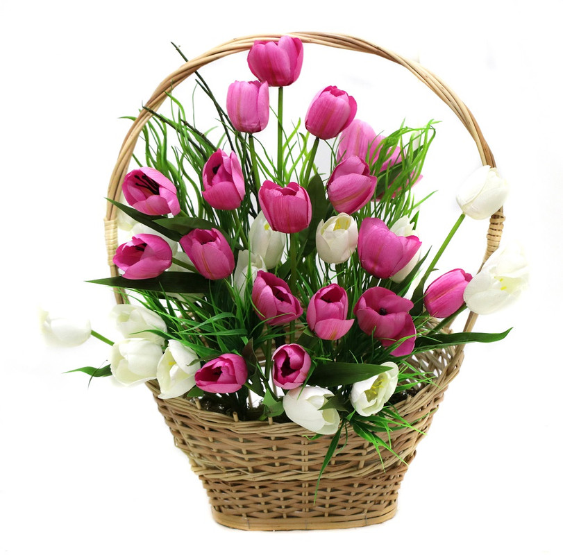 фото Искусственная композиция тюльпаны в плетеной вазе holodilova
