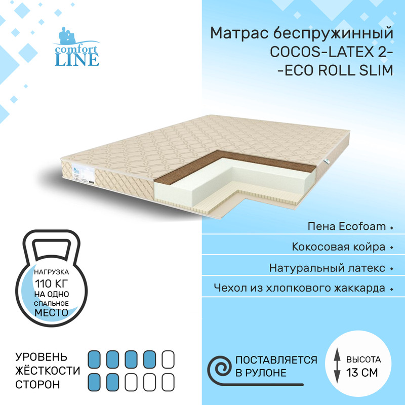 

Матрас беспружинный Comfort Line Cocos-Latex 2 Eco Roll Slim 75х185, высота 13 см, Cocos-Latex2 Eco Roll Slim