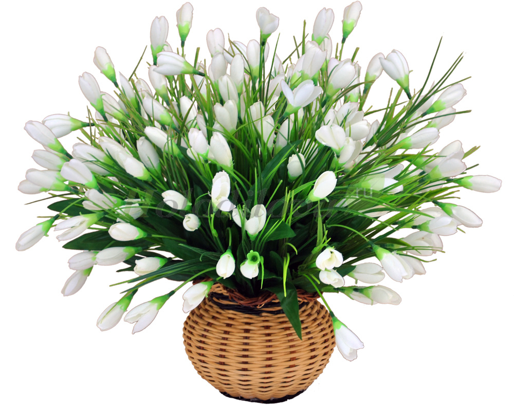 фото Искусственная композиция цветочная подснежники в плетеной вазе holodilova