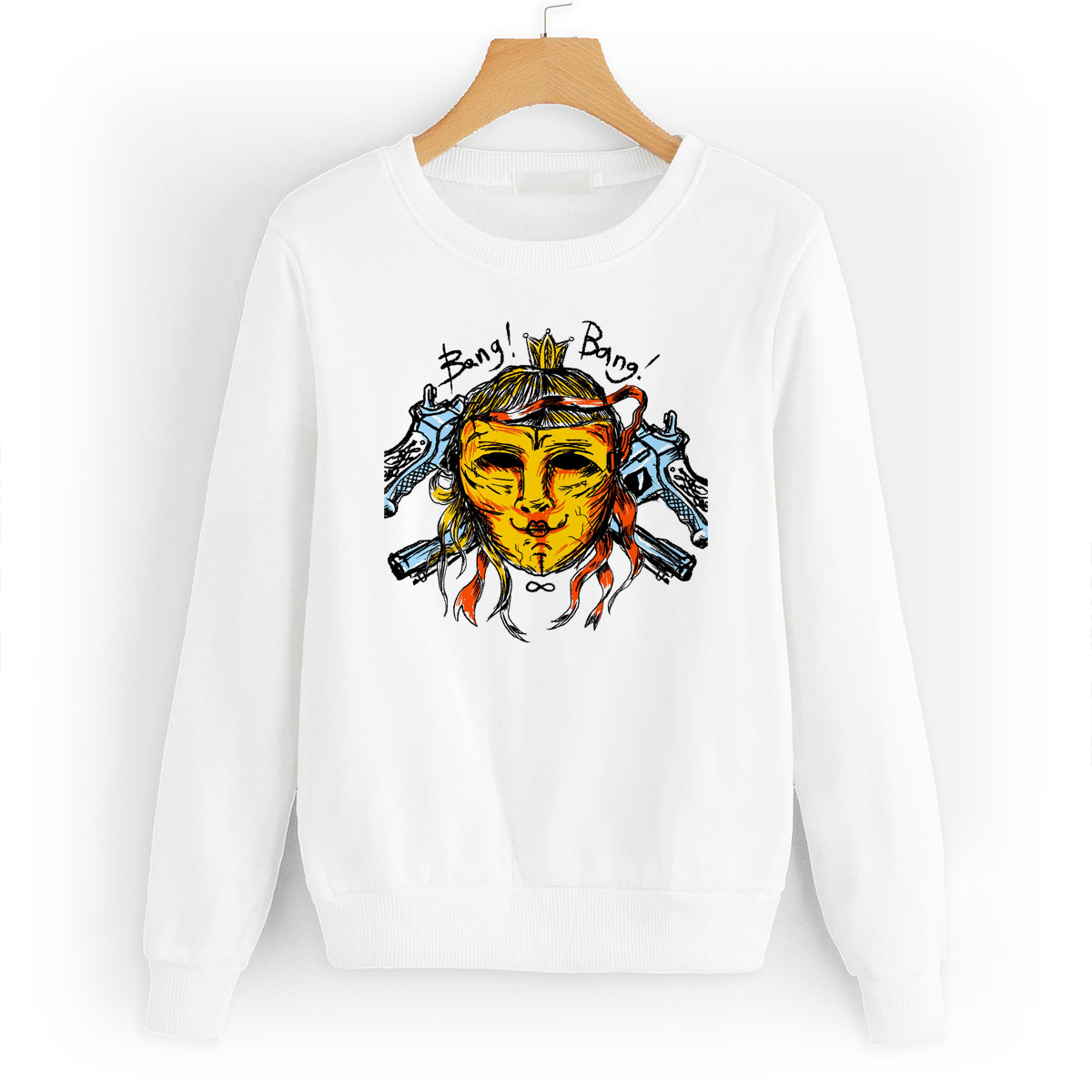 

Свитшот белый CoolPodarok Прикол. Маска Bang! Bang!, W0151504