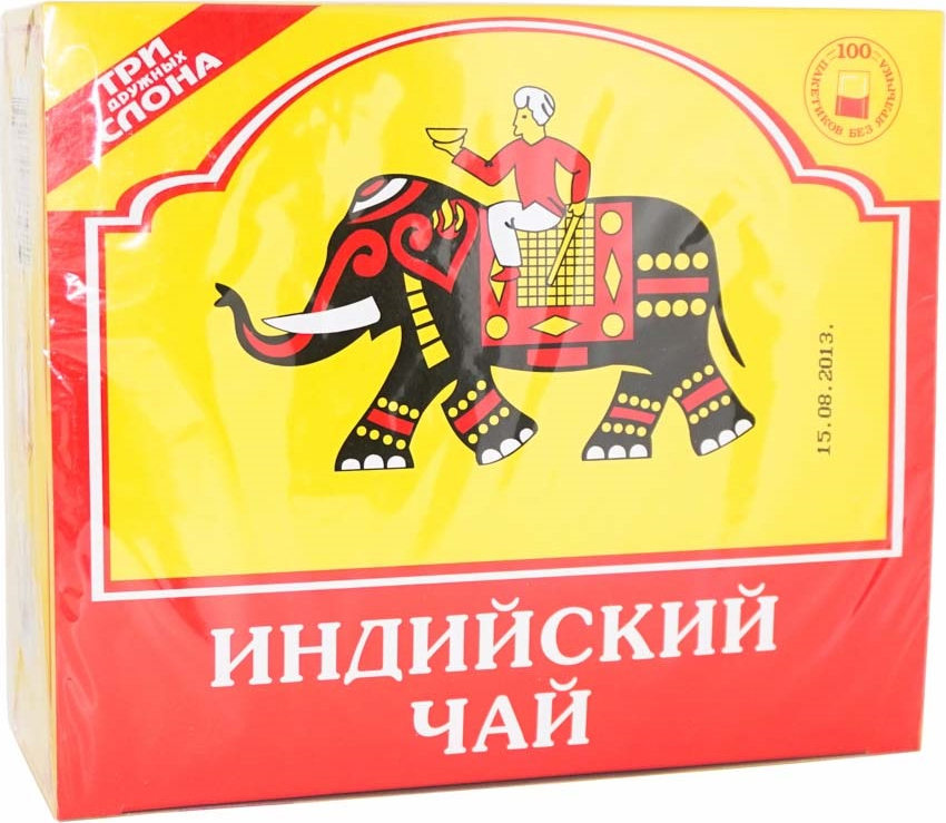 Чай черный Три Дружных Слона Индийский в пакетиках без ярлычков 1,8 г 100 шт