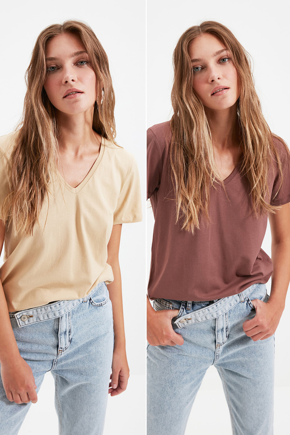 

Комплект футболок женских Trendyol TWOSS20TS0142 коричневый; бежевый XS, TWOSS20TS0142