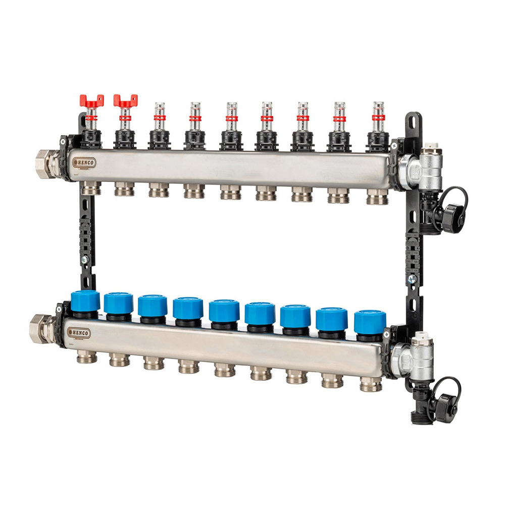 Коллектор HENCO из нержавеющей стали, расходомер, воздухоотводчик, 1” - 9 x 3/4” расходомер far