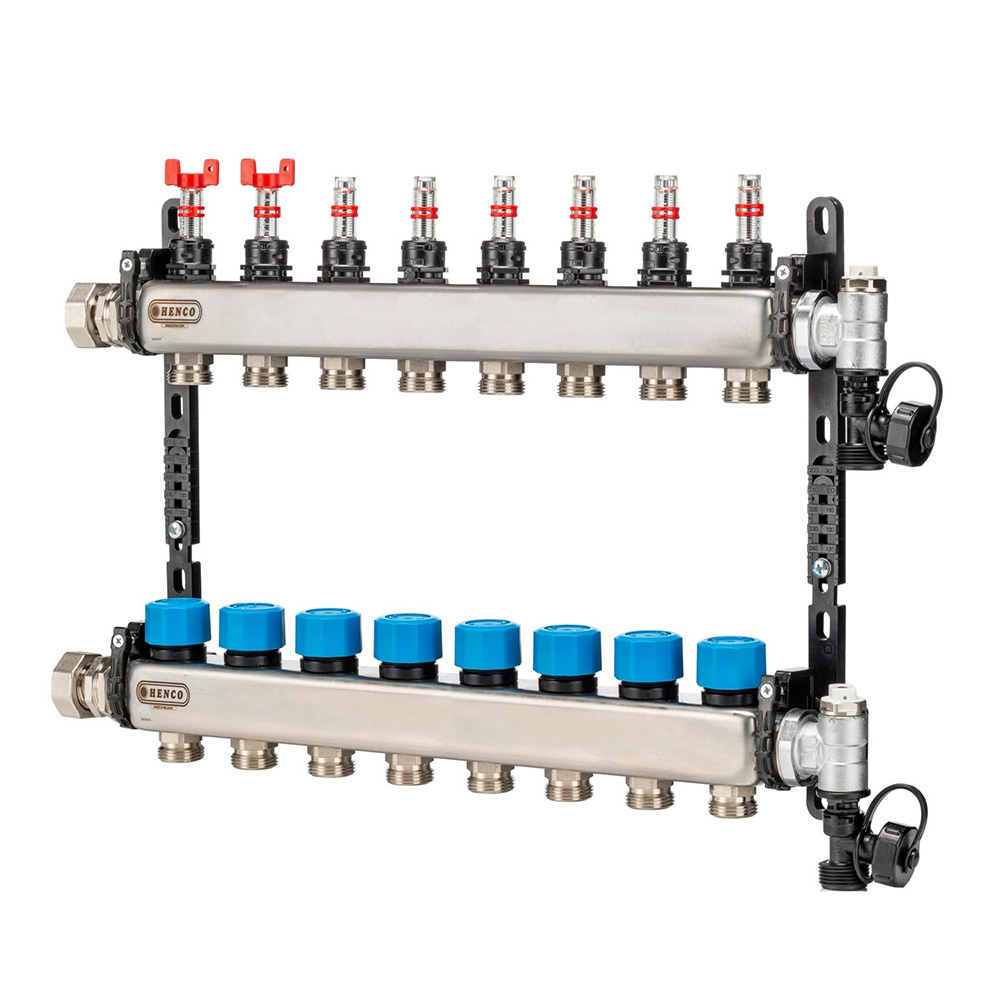Коллектор HENCO из нержавеющей стали, расходомер, воздухоотводчик, 1” - 8 x 3/4” расходомер far