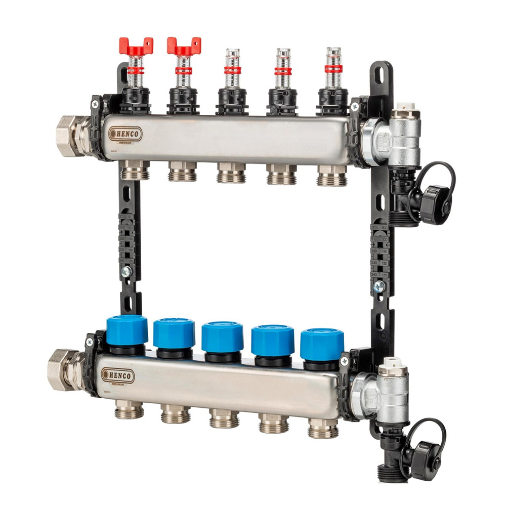 Коллектор HENCO из нержавеющей стали, расходомер, воздухоотводчик, 1” - 5 x 3/4” расходомер far