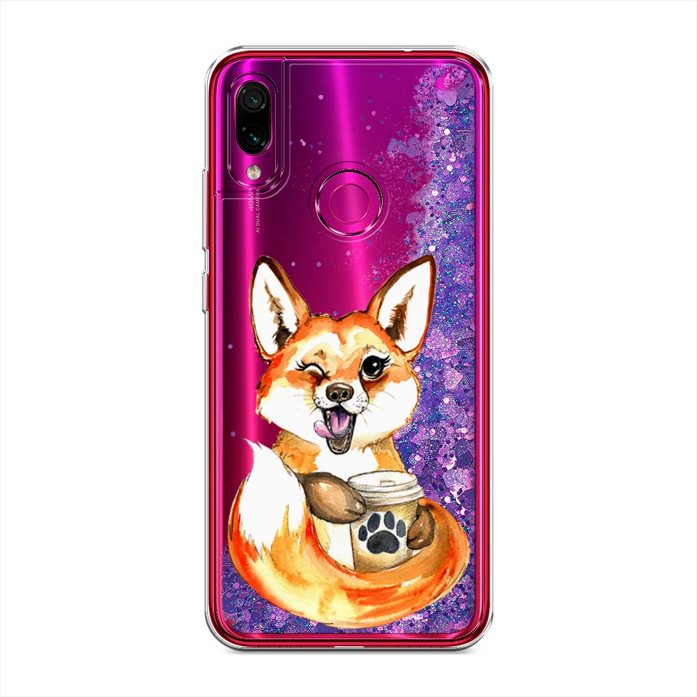 фото Жидкий чехол с блестками "подмигивающая лиса с кофе" на xiaomi redmi note 7 awog