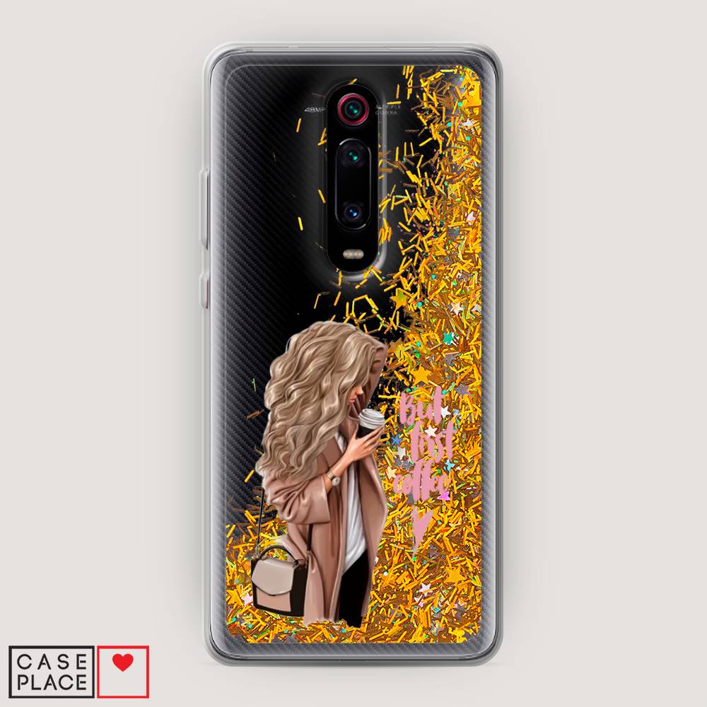 

Жидкий чехол с блестками "Девушка с кофе" на Xiaomi Redmi K20, Девушка с кофе