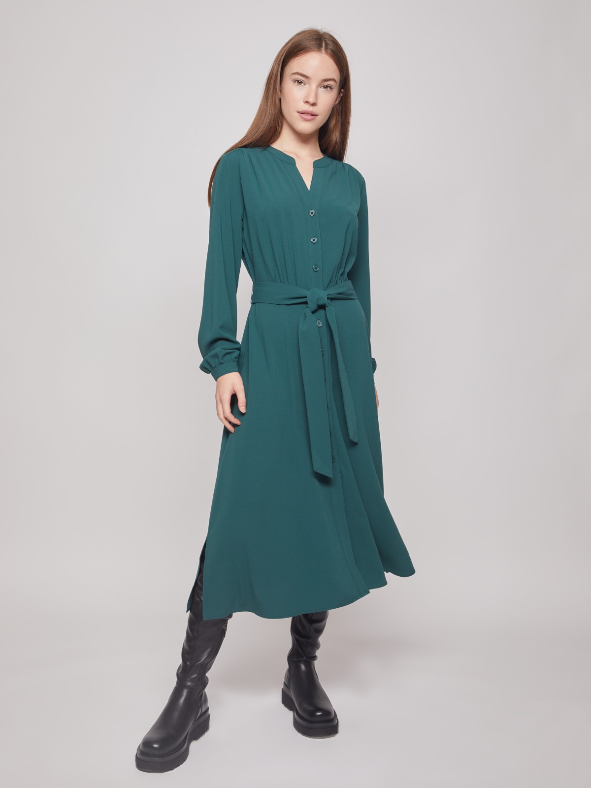 фото Платье-рубашка с длинными рукавами zolla, цвет темно-зеленый, размер m